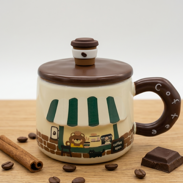 Tazón Cerámica con Tapa Diseño Osito Café Té Infusiones